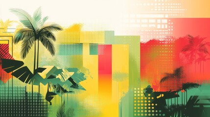 Abstract tropical summer landscape with palm trees and vibrant colors.
