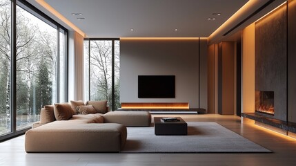 Fototapete - A stylish living room features a spacious sectional sofa and minimalistic decor. Large windows allow natural light and present a serene view of trees outside, enhancing the cozy ambiance
