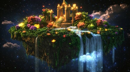Wall Mural - A mystical floating island with waterfalls, glowing flowers, and an ancient magical altar at the center, realistic
