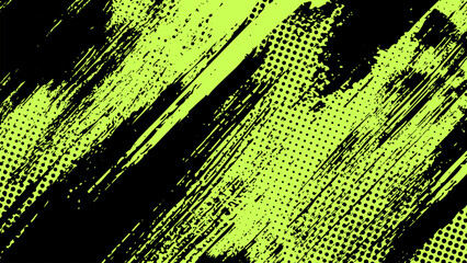 Wall Mural - green grunge background with black brush strokes and halftone dots.