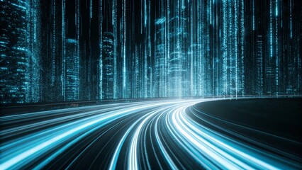 Wall Mural - 3d rendering of abstract highway path through digital binary towers in the city. concept of big data