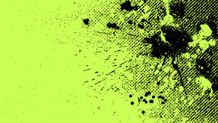 Canvas Print - green grunge background with scattered black stains and halftone dots.