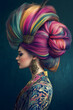 © Oksana - Woman with a giant rainbow pompadour hairstyle in profile, artistic portrait