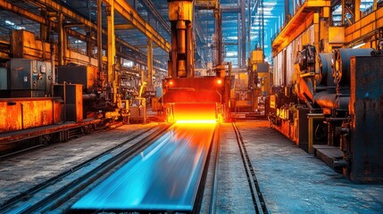 Naklejka na meble Metal stamping factory, automated machinery shaping sheet metal with high precision, reflective steel background