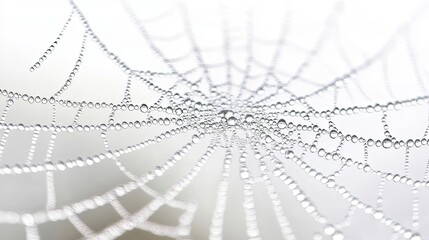 A macro shot of dew on spiderweb threads, glistening in morning sunlight, soft blurred background. digital