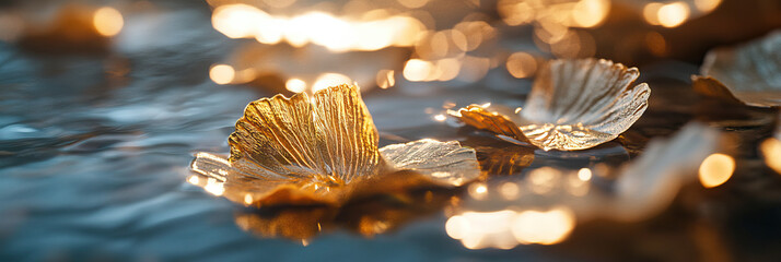 Gold Leaf-Shaped Objects in Water with Bokeh Lighting