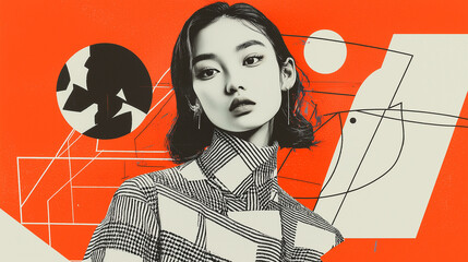 Poster - woman in avant garde fashion poses against bold geometric background