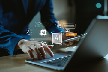 Poster - AI Automation, Processing Technology for Efficient Workflow Management and Innovation. Professional using a laptop with a virtual assistant, chatbot, data analytics, and smart content generation.