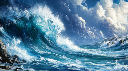 stormy ocean wave in surreal blue fantasy style