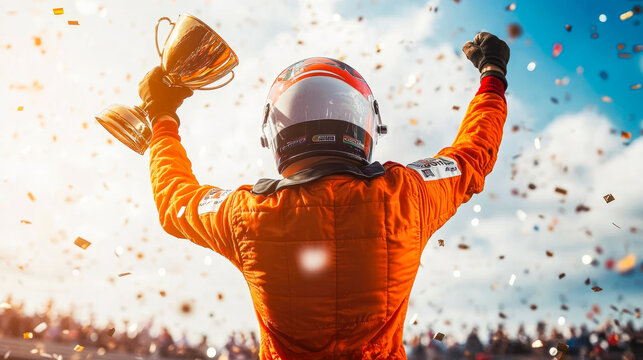 Formula 1 driver in orange uniform standing on the podium holding golden trophy cup, celebrating victory in Grand prix with fans. F1 winner raising hands up, confetti flying around. World champion