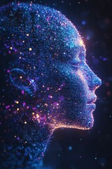 Wall Mural - digital particle portrait of a human head in a futuristic glowing style