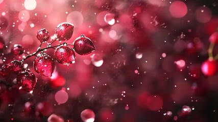 Wall Mural - Vibrant red leaves glistening with droplets against a soft bokeh background during a rainy afternoon