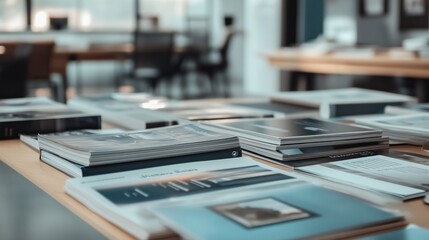 a table displaying various magazines and brochures for brand creation concept in advertising agency,