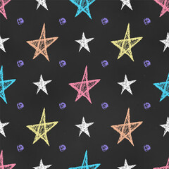 Wall Mural - Seamless Grunge Pattern of Chalk Drawn Sketches Stars on Chalkboard Backdrop. Children's Stellar Print.