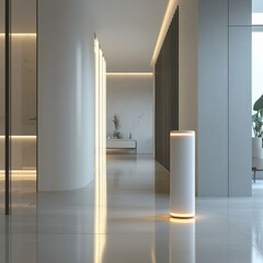 Aufkleber - Modern minimalist hallway with soft lighting and a sleek, luminous floor lamp creating an inviting ambience.