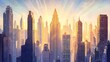 © THUA - Radiant Art Deco cityscape with tiered skyscrapers featuring intricate linear facades, a luminous starburst lighting up the horizon, soft gradients of gold and blue blending in the sky