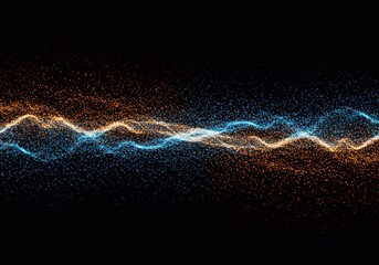 Wall Mural - Abstract image of wavy glowing particles in blue and orange on a dark background
