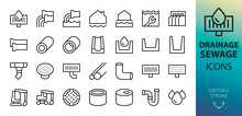 Drainage and sewage system line icons set. Set of waste water pipe, groundwater, sewerage, drain trap, rain gutter, concrete U channel drain, manhole cover vector icon with editable stroke