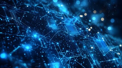 Futuristic digital representation of interconnected network infrastructure illuminated in blue