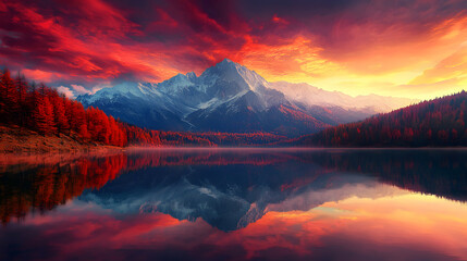 Wall Mural - Majestic Sunset Over Lake: A breathtaking landscape of a mountain range reflected in the glassy surface of a serene lake, under a dramatic sky painted with fiery hues.