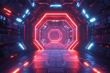 Wall Mural - abstract technology background with hexagons and neon lights. 3d illustration