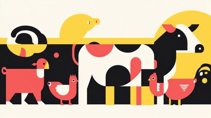 Aufkleber - Minimalist geometric illustration featuring vibrant cows, pigs, and chickens in a modern design setting Generative AI