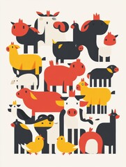 Aufkleber - Vibrant geometric illustration featuring cows pigs and chickens in a colorful farm setting with minimalist design Generative AI