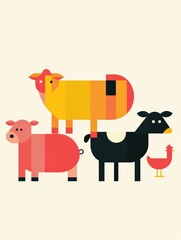 Poster - Colorful minimalist geometric representation of farm animals including cows, pigs, and chickens in modern style Generative AI