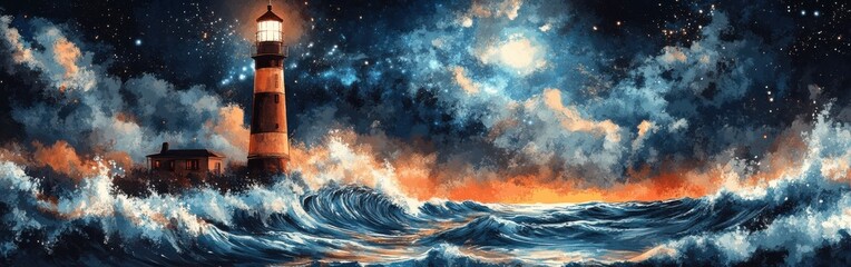 Poster - Vibrant watercolor skyline featuring a majestic lighthouse guiding boats amidst stormy waves at twilight