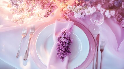 Aufkleber - Elegant table setting featuring soft pastel pink and lavender mist with floral accents for a serene dining atmosphere
