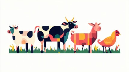 Poster - Minimalist geometric illustration featuring cows, pigs, and chickens in vibrant colors and modern design style Generative AI