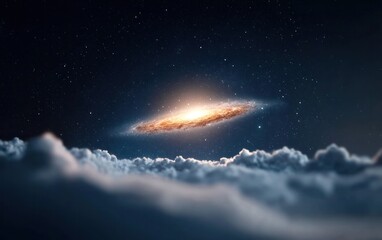 Cosmic landscape featuring a vibrant galaxy above a serene cloudscape.  Golden and orange hues in the galaxy contrast with the dark, starry night sky. 