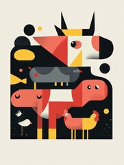 Aufkleber - Minimalist geometric illustration showcasing cows, pigs, and chickens in a vibrant color palette Generative AI