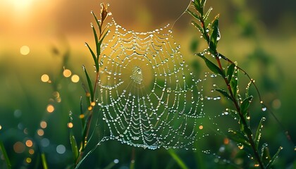 Dew Kissed Spider Web in Sunlit Meadow with Blurred Greenery