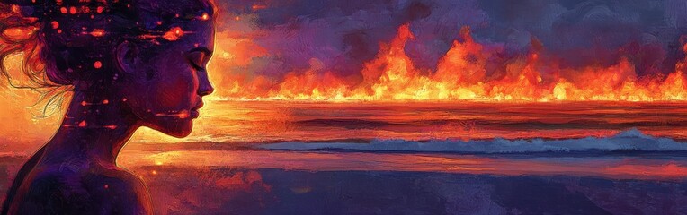 Poster - Vibrant profile of a woman against a fiery sunset over the ocean