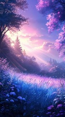 Poster - Tranquil meadow at dawn with dewy blue-tinted grass and vibrant sunlight filtering through trees
