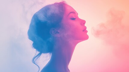Poster - Portrait of a woman exuding tranquility with soft light and gentle smoke in the background during twilight hours
