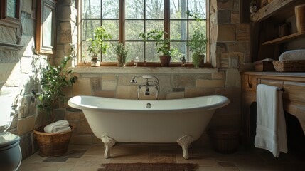 Aufkleber - Rustic bathroom with clawfoot tub and natural light, featuring earthy decor and greenery for a tranquil atmosphere