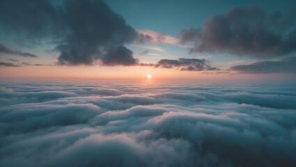 Wall Mural - at dawn, the camera rises above the dense fog over the beautiful ocean of clouds. the sun ascends ab