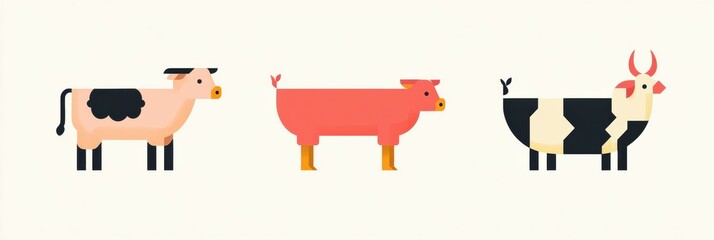 Aufkleber - Colorful geometric illustration of cows, pigs, and chickens in modern design style showcasing vibrant shapes and minimalism Generative AI