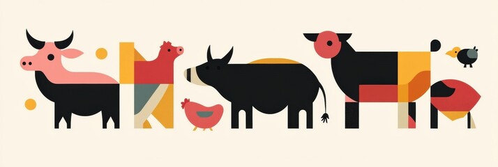 Aufkleber - Minimalist geometric illustration featuring cows, pigs, and chickens in a vibrant color palette showcasing modern design Generative AI