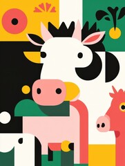 Aufkleber - Vibrant geometric illustration of cows pigs and chickens in a modern minimalist style Generative AI