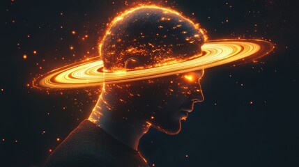 Poster - Dynamic profile of a man illuminated by cosmic elements and a ringed planet in a cosmic setting