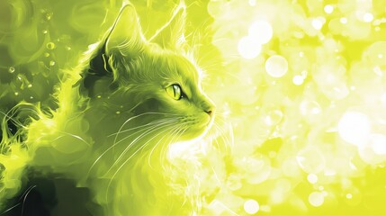 Aufkleber - Vibrant lime green background with a serene cat gazing into the distance in a dreamlike atmosphere