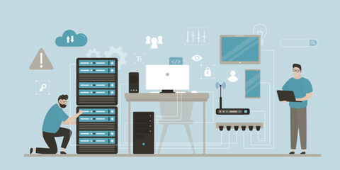 Modern data center, worker men repair and setup server. Room interior with desktop computer, information technology equipment for cloud storage, cyber security control.