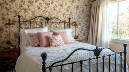 Aufkleber - Wrought iron bedframe with floral wallpaper and soft bedding in cozy bedroom