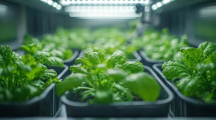 Poster - Green leafy vegetables grow in individual containers within a climate controlled cold storage warehouse designed for the safe management of perishable inventory.