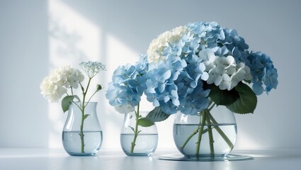 Wall Mural - white backdrop featuring a hydrangea arrangement alongside individual flowers in vases.