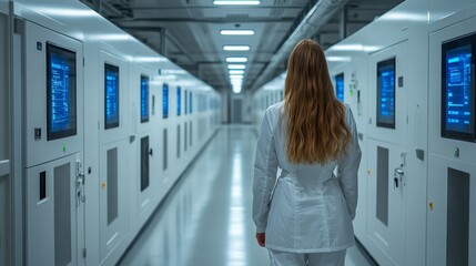 Poster - A professional in a white lab coat inspects a long corridor lined with climate controlled refrigeration units used for storing perishable pharmaceuticals.