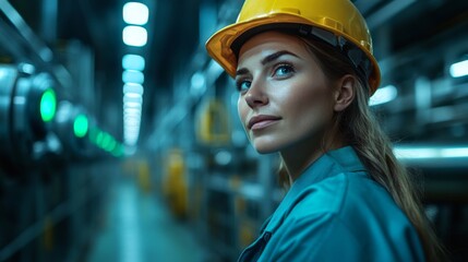 Leinwandbilder - A woman with long hair and a hard hat appears focused as she inspects machinery in a well organized logistics warehouse.